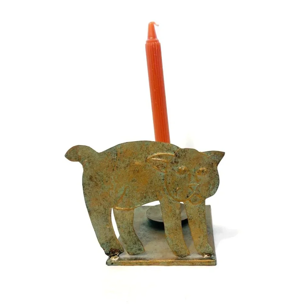 Cat Shaped Copper Brass Candle Holder Patina Taper Candles